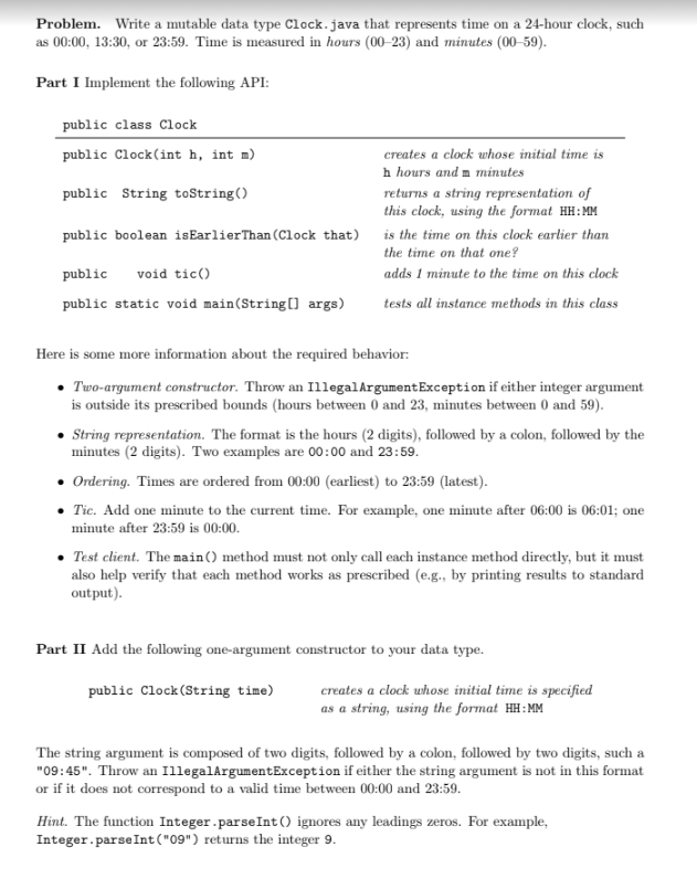  Problem. Write a mutable data type Clock. java that represents time