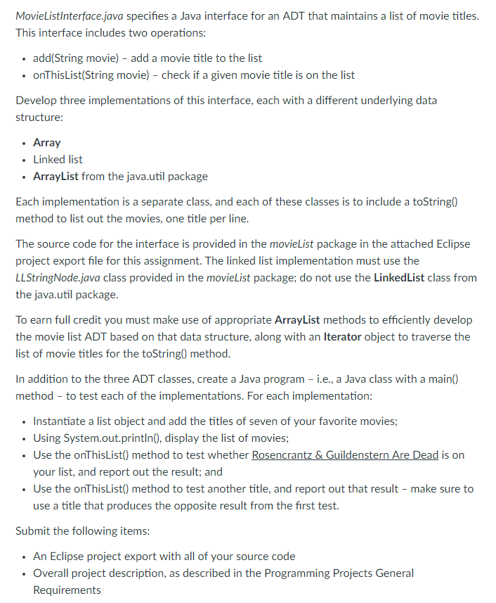 MovieListlnterface.java specifies a Java interface for an ADT that maintains a