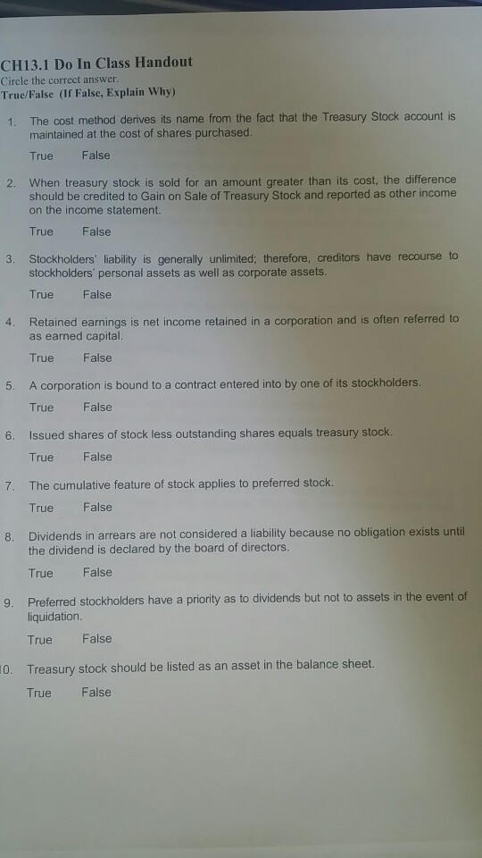  CH13.1 Do In Class Handout Circle the correct answer True/False (If