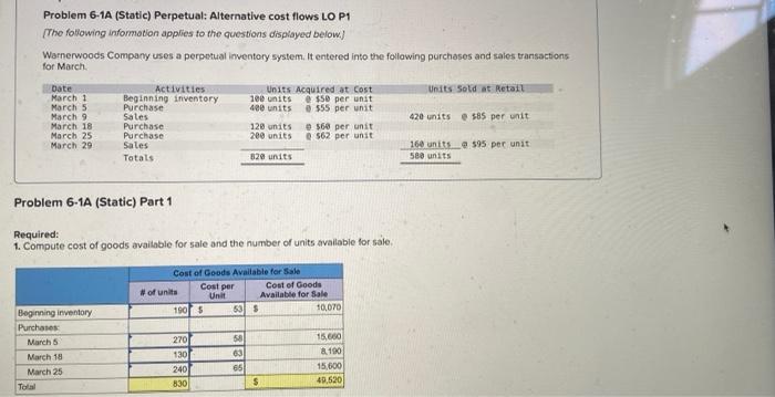  Problem 6-1A (Static) Perpetual: Alternative cost flows LO P1 [The following