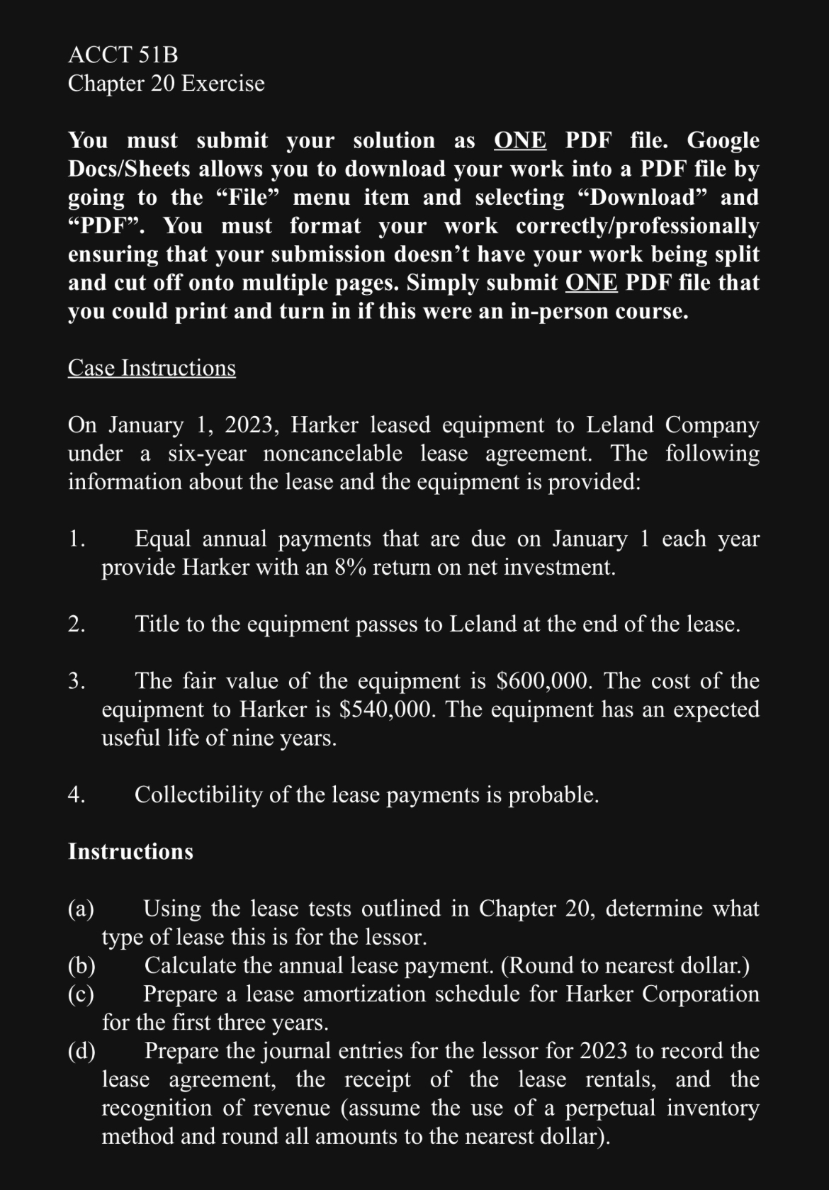  ACCT 51B Chapter 20 Exercise You must submit your solution as