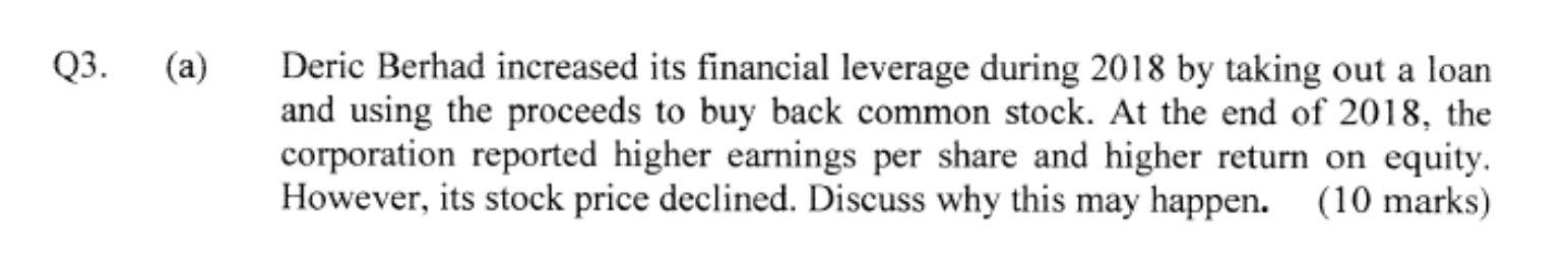  Q3. (a) Deric Berhad increased its financial leverage during 2018 by