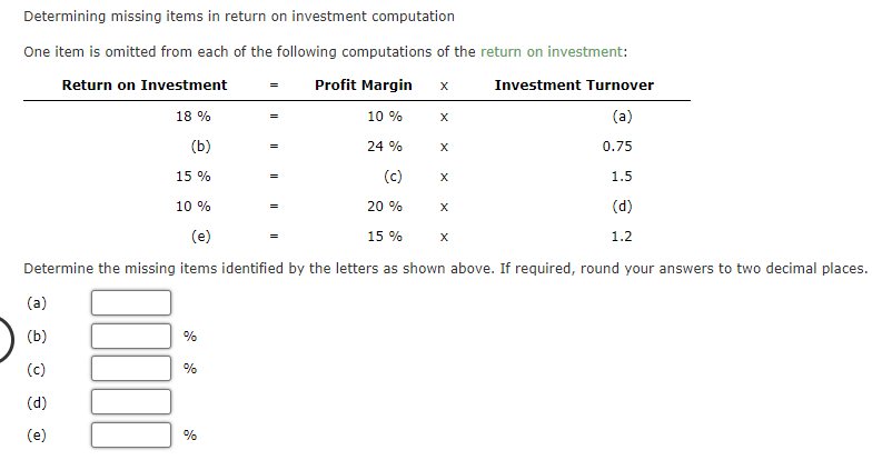  Determining missing items in return on investment computation One item is