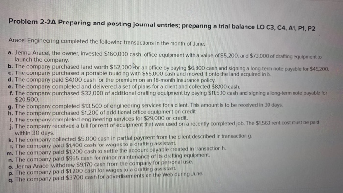  Problem 2-2A Preparing and posting journal entries; preparing a trial balance