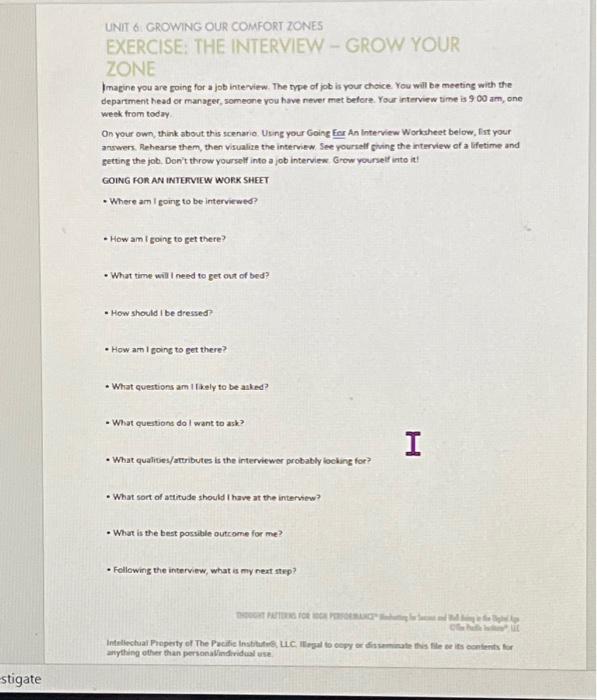  -stigate UNIT 6 GROWING OUR COMFORT ZONES EXERCISE: THE INTERVIEW -