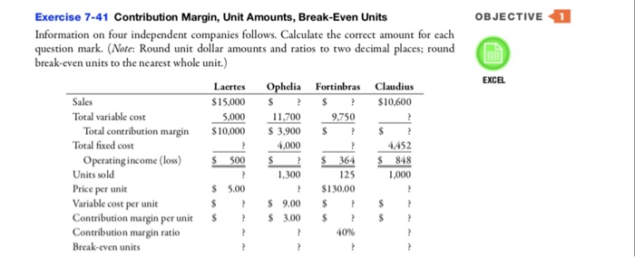  OBJECTIVE 1 Exercise 7-41 Contribution Margin, Unit Amounts, Break-Even Units Information