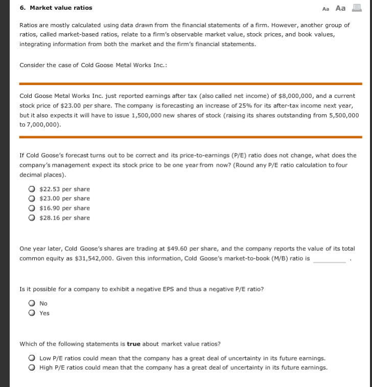 6. Market value ratios Aa Aa Ratios are mostly calculated using