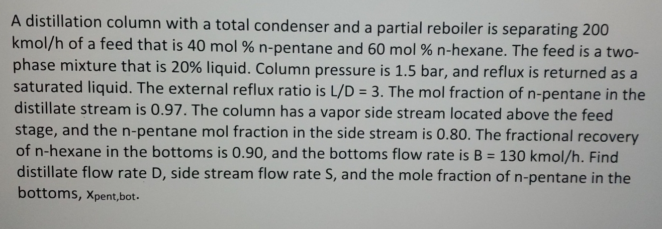  A distillation column with a total condenser and a partial reboiler
