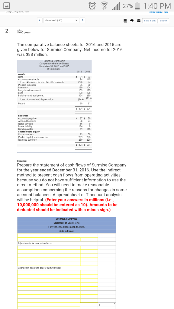 The comparative balance sheets for 2016 and 2015 are given below