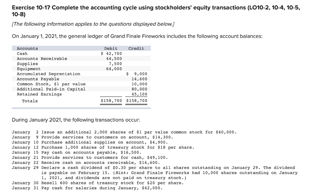  Exercise 10-17 Complete the accounting cycle using stockholders' equity transactions (L010-2,