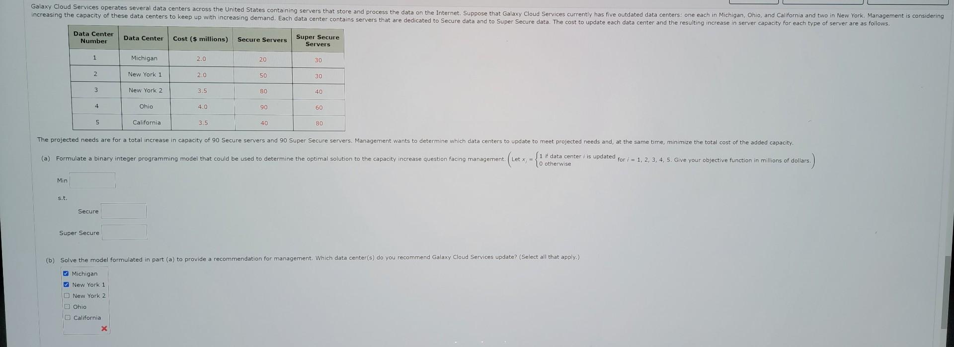  \begin{tabular}{|c|c|c|c|c|} \hline Data Center Number & Data Center & Cost (\$