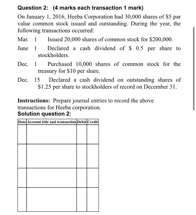  Question 2: (4 marks each transaction 1 mark) On January 1,