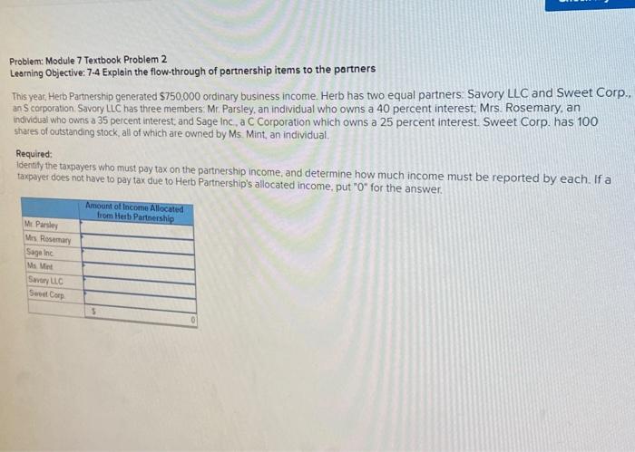 flow-through of partnership items to the partners This year, Herb Partnership generated