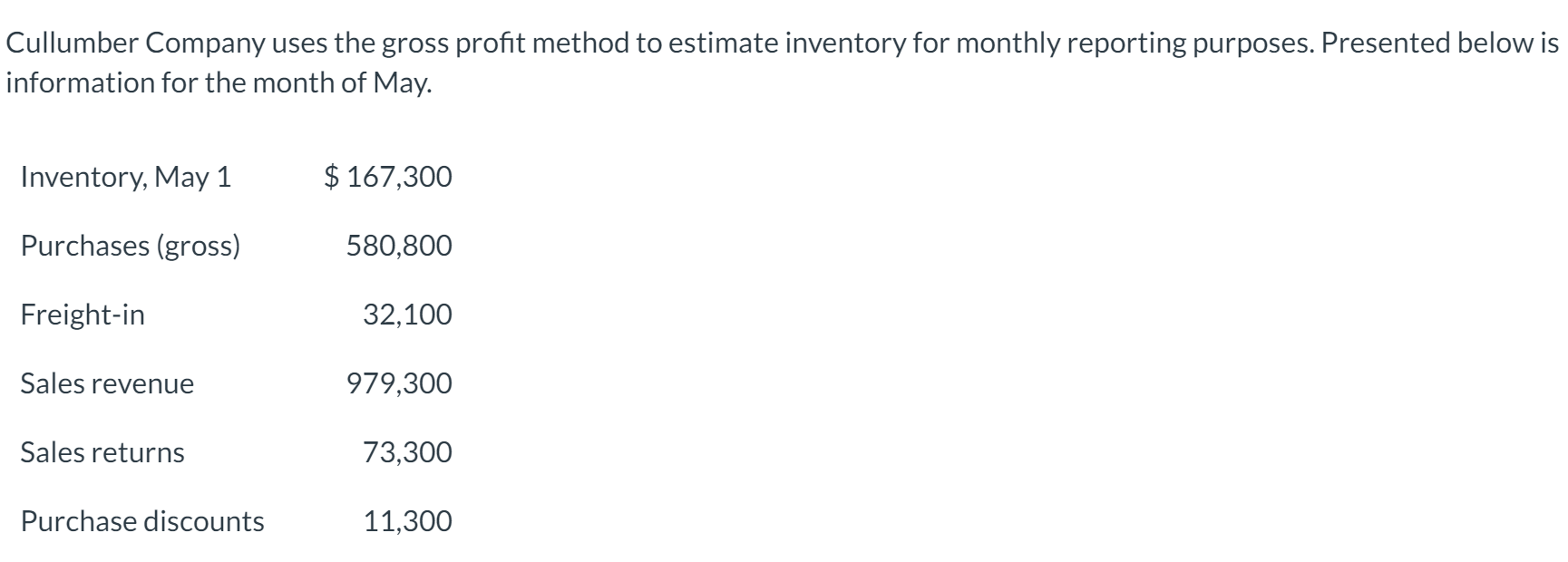  A) Compute the estimated inventory at May 31, assuming that the
