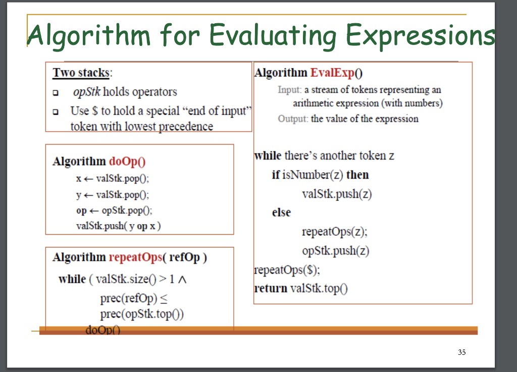 all with Java Algorithm for Evaluating Expressions o Two stacks: Algorithm EvalExpo