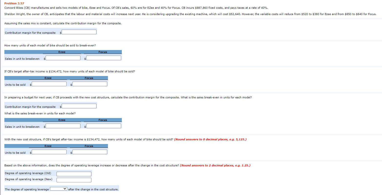 Problem 3.57 Concord Bikes (CB) manufactures and sells two models of