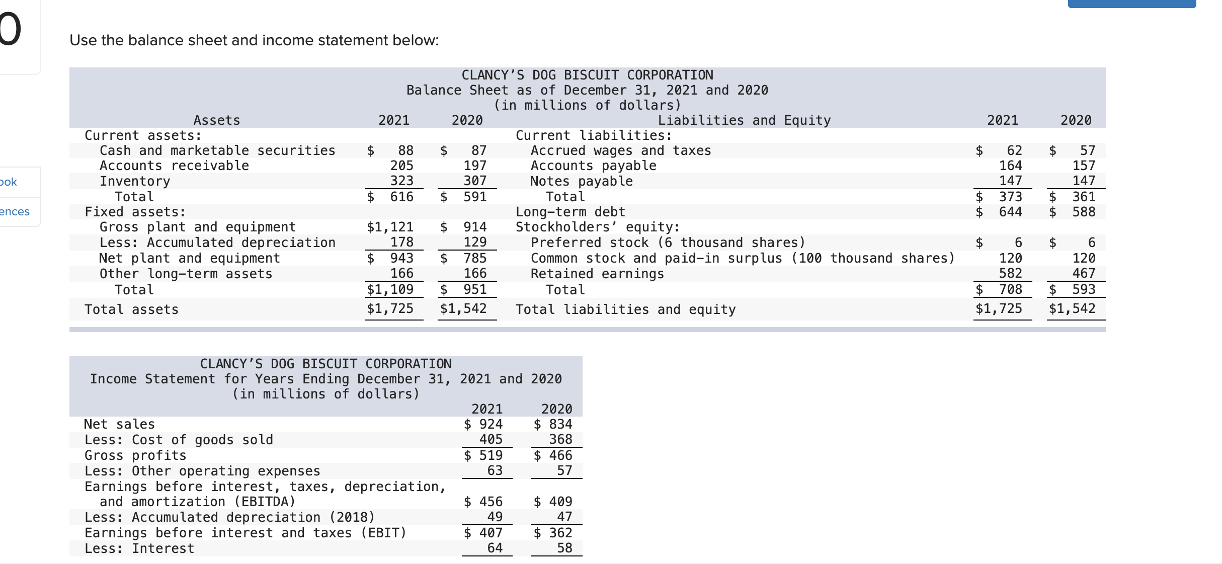  Use the balance sheet and income statement below: Prepare a statement
