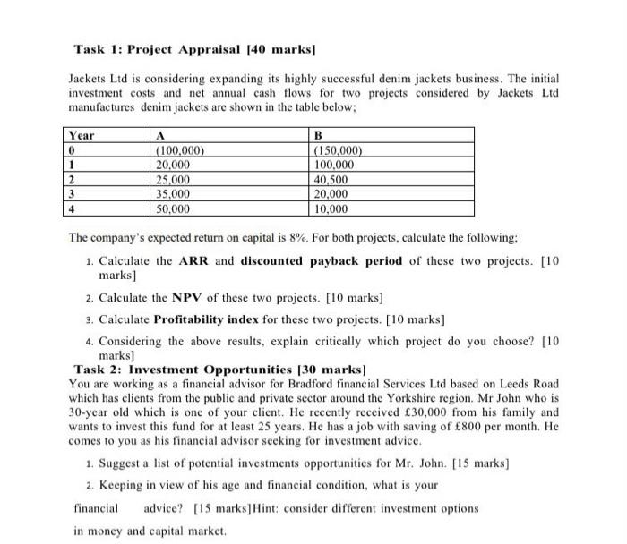  Task 1: Project Appraisal [40 marks Jackets Ltd is considering expanding