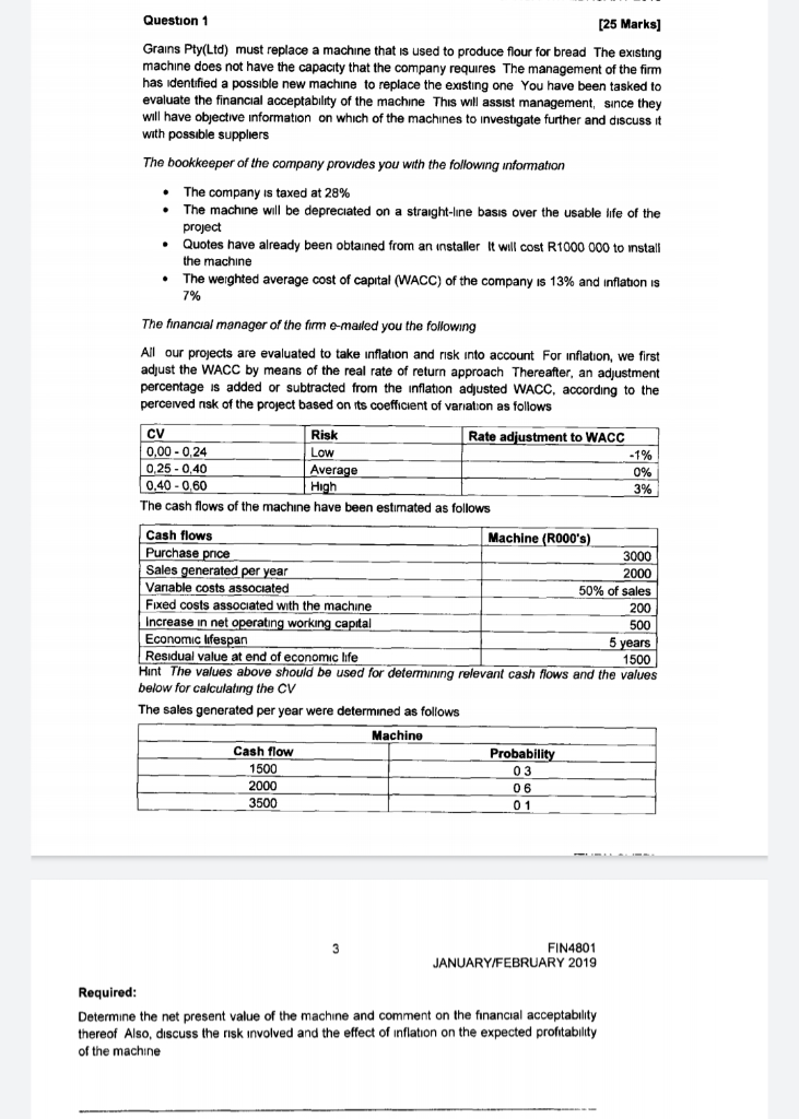 Question 1 [25 Marks) Grains Pty(Ltd) must replace a machine that