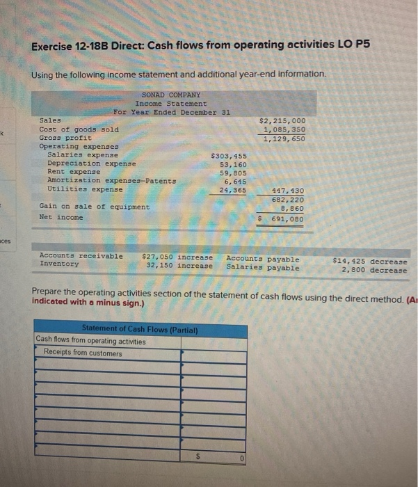  Exercise 12-18B Direct: Cash flows from operating activities LO P5 Using