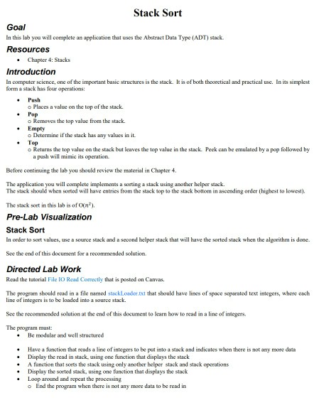  code in c++ Stack Sort Goal In this lab you will