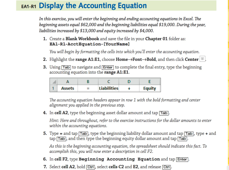 Please use Microsoft Excel EA1-R1 Display the Accounting Equation In this exercise,