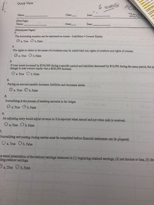  Quick View Name: First Page) Name: Date: (Subsequent Pages) 1. The