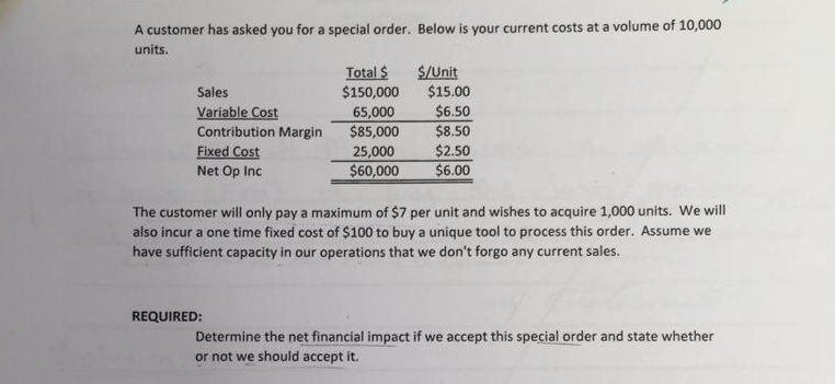  A customer has asked you for a special order. Below is