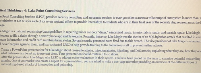  tical Thinking 5-6: Lake Point Consulting Services e Point Consulting Services