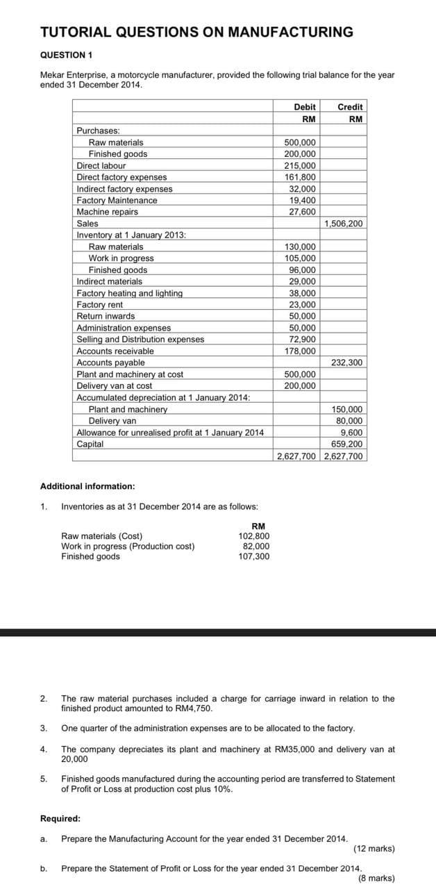  TUTORIAL QUESTIONS ON MANUFACTURING QUESTION 1 Mekar Enterprise, a motorcycle manufacturer,