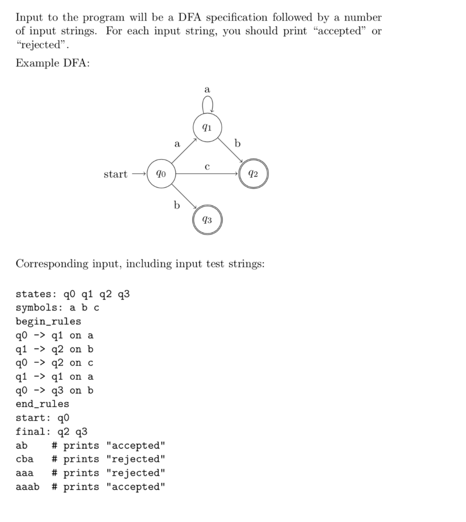 Input to the program will be a DFA specification followed by a