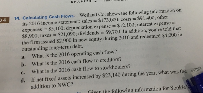  CHAPTER 2 4 14. Calculating Cash Flows. Weiland Co. shows the