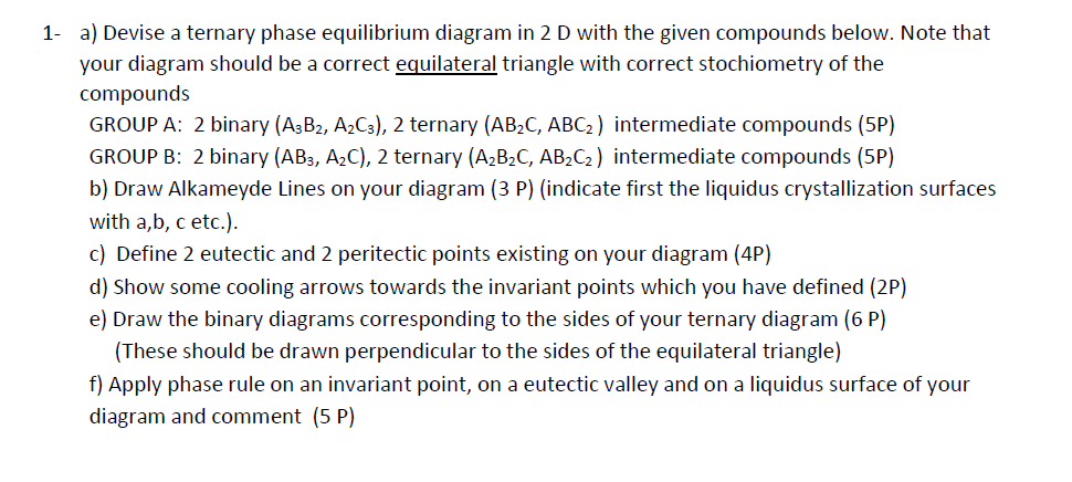  1- a) Devise a ternary phase equilibrium diagram in 2D with