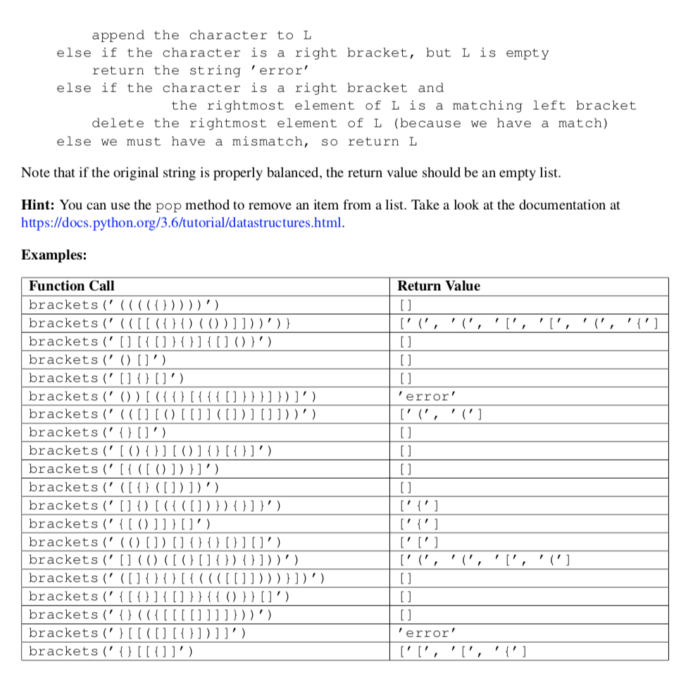 Write a function brackets (expr) that takes a string consisting only of