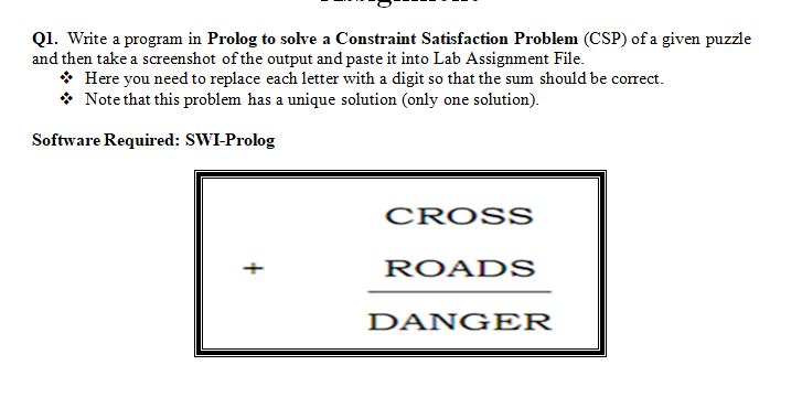  Q1. Write a program in Prolog to solve a Constraint Satisfaction