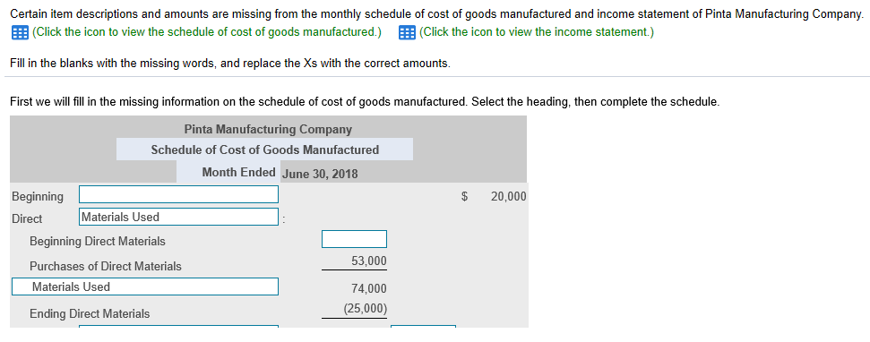Certain item descriptions and amounts are missing from the monthly schedule