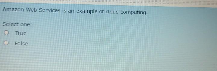 Amazon Web Services is an example of cloud computing. Select one: