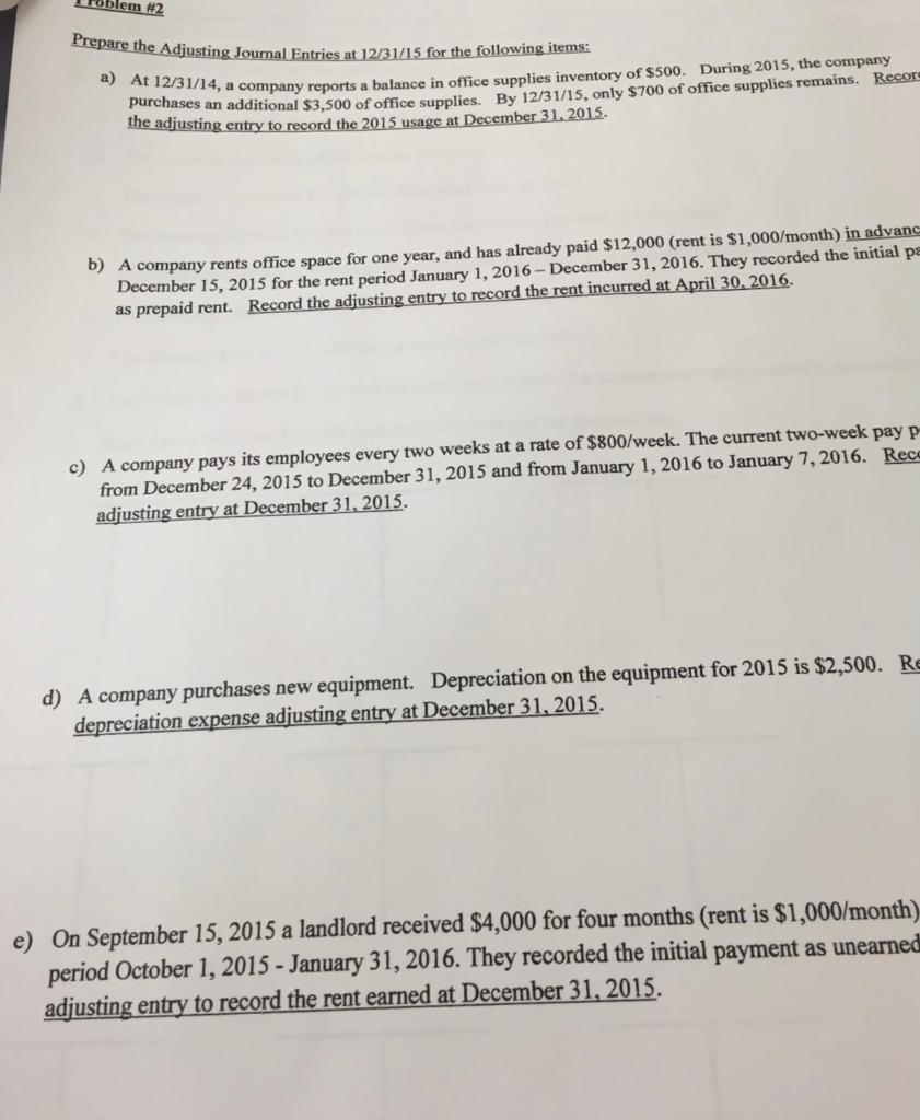 solve from a- e adjusting entries roblem #2 Prepare the Adjusting Journal