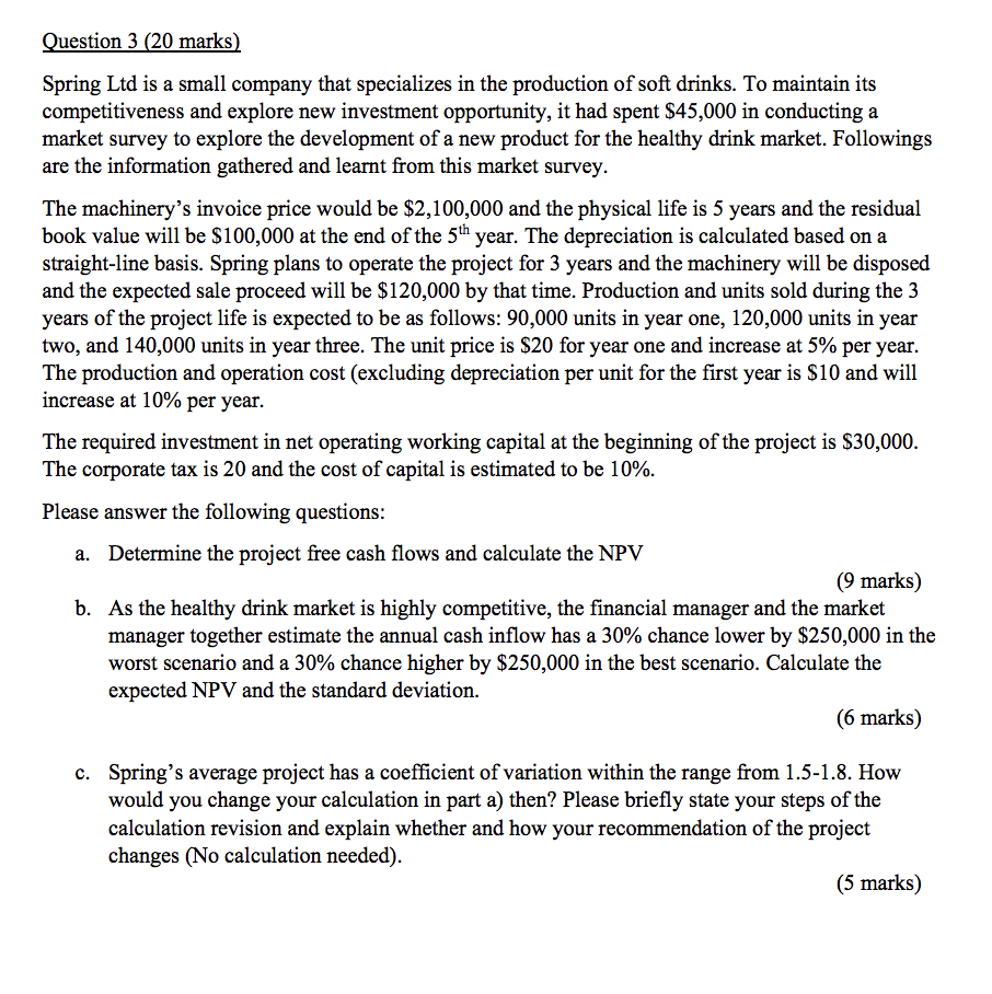  Question 3 (20 marks) Spring Ltd is a small company that