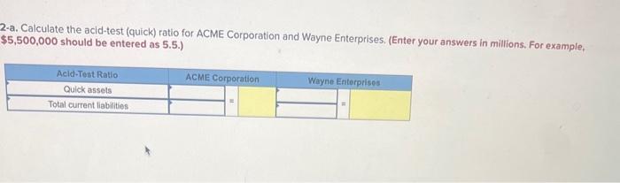 current assets and current liabilities for ACME Corporation and Wayne Enterprises, are