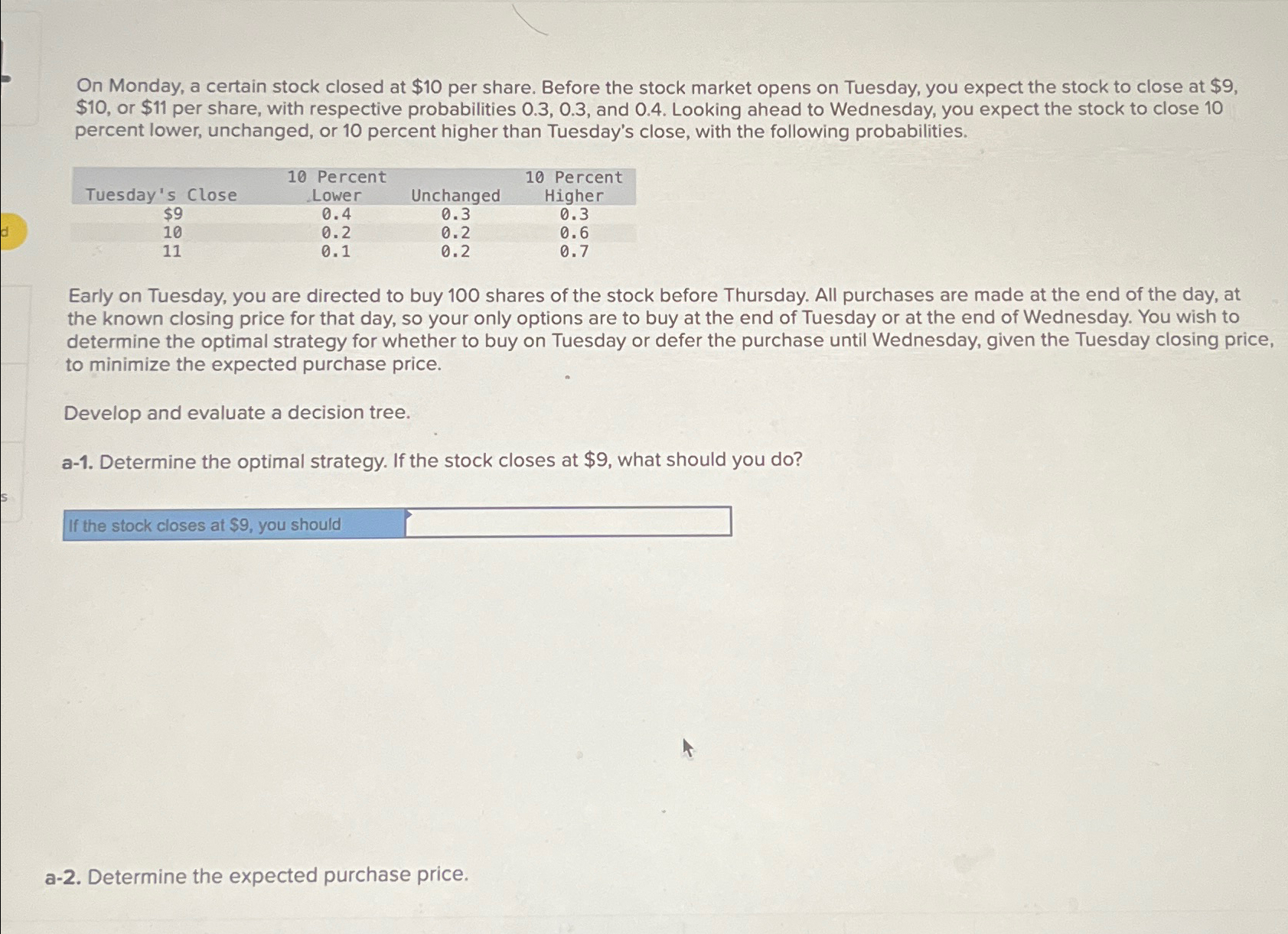  On Monday, a certain stock closed at $10 per share. Before