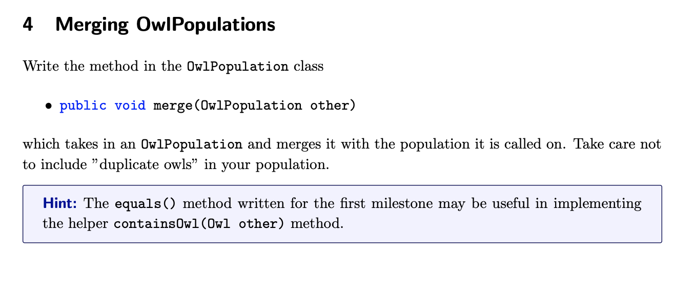 4 Merging OwIPopulations Write the method in the 0wlPopulation class -