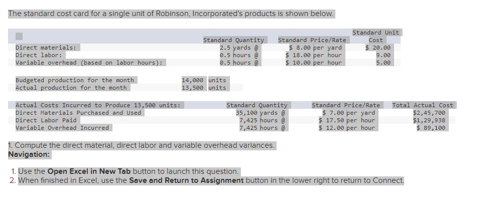 help please The standard cost card for a single unit of Robinson,