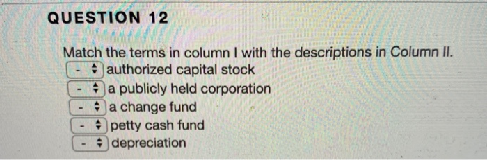 help please!!! QUESTION 12 Match the terms in column I with the