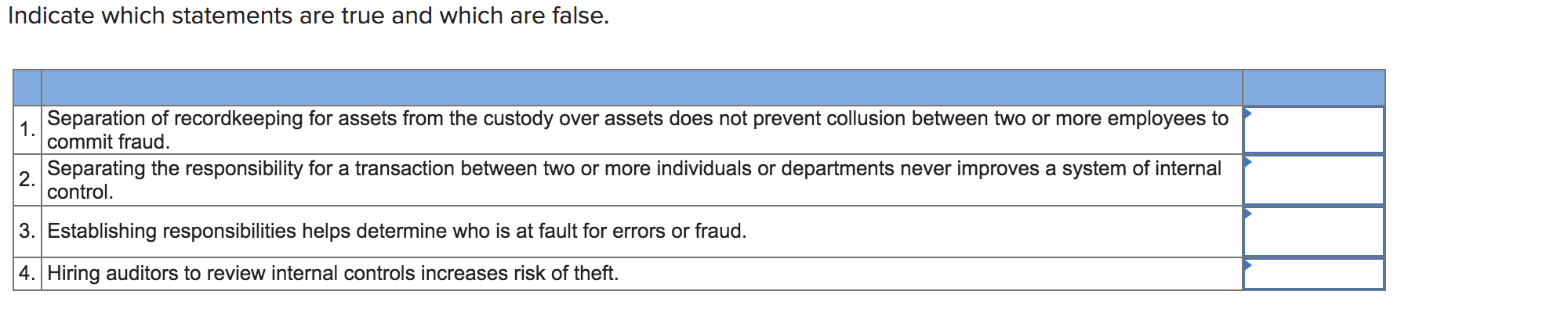  Indicate which statements are true and which are false. Separation of