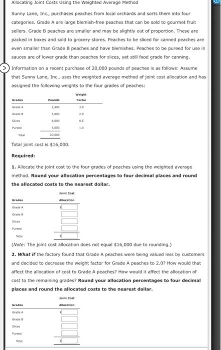  Allocating Joint Costs Using the weighted Average Method Sunny Lane, Inc.,