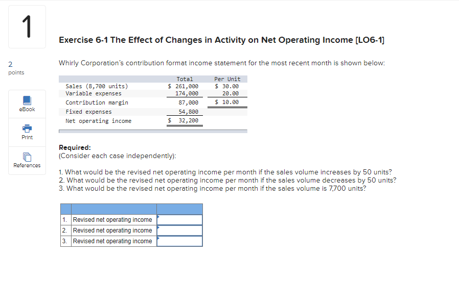 Exercise 6-1 The Effect of Changes in Activity on Net Operating