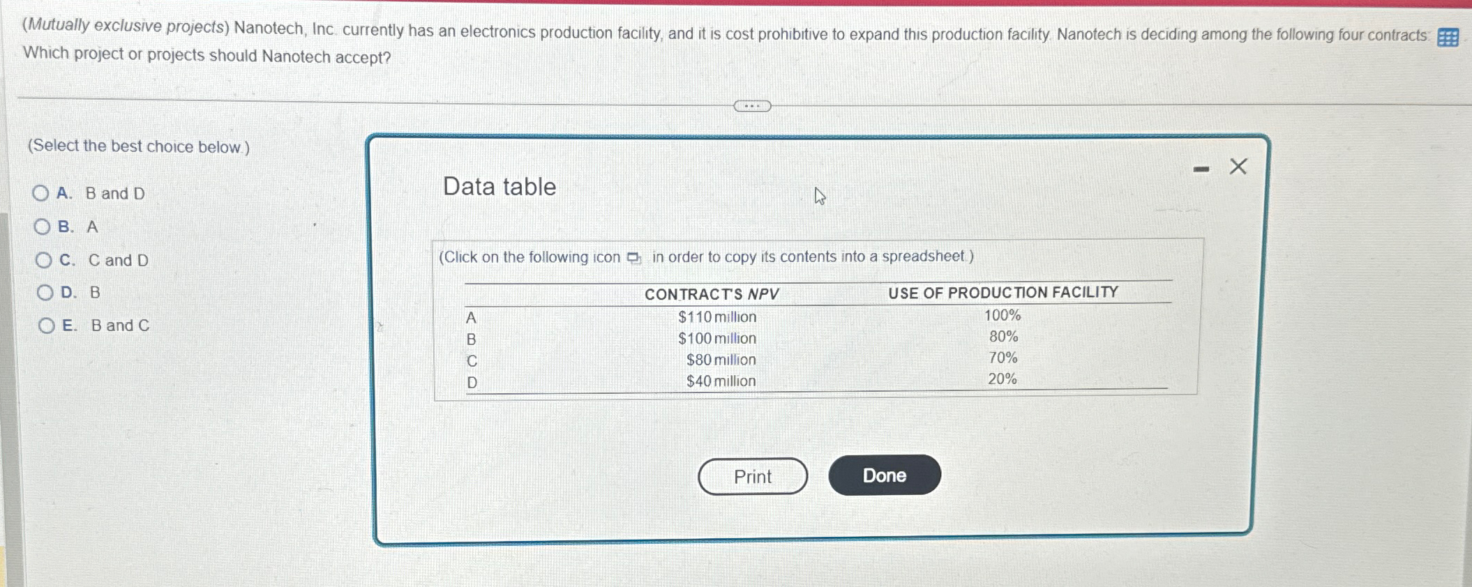  (Mutually exclusive projects) Nanotech, Inc. currently has an electronics production facility,