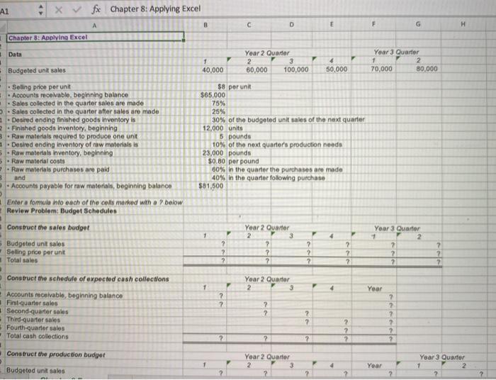 formula = 85" Check your worksheet by changing the budgeted unit sales