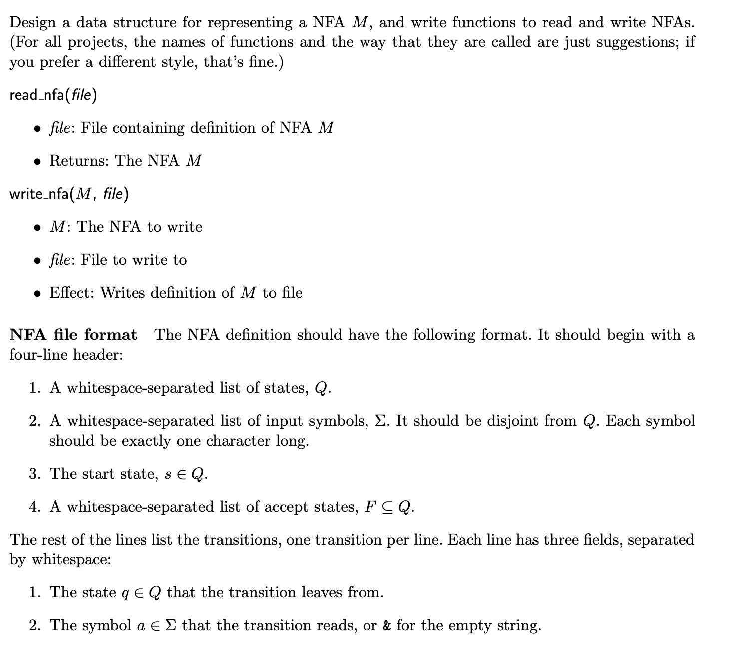  Design a data structure for representing a NFA M, and write